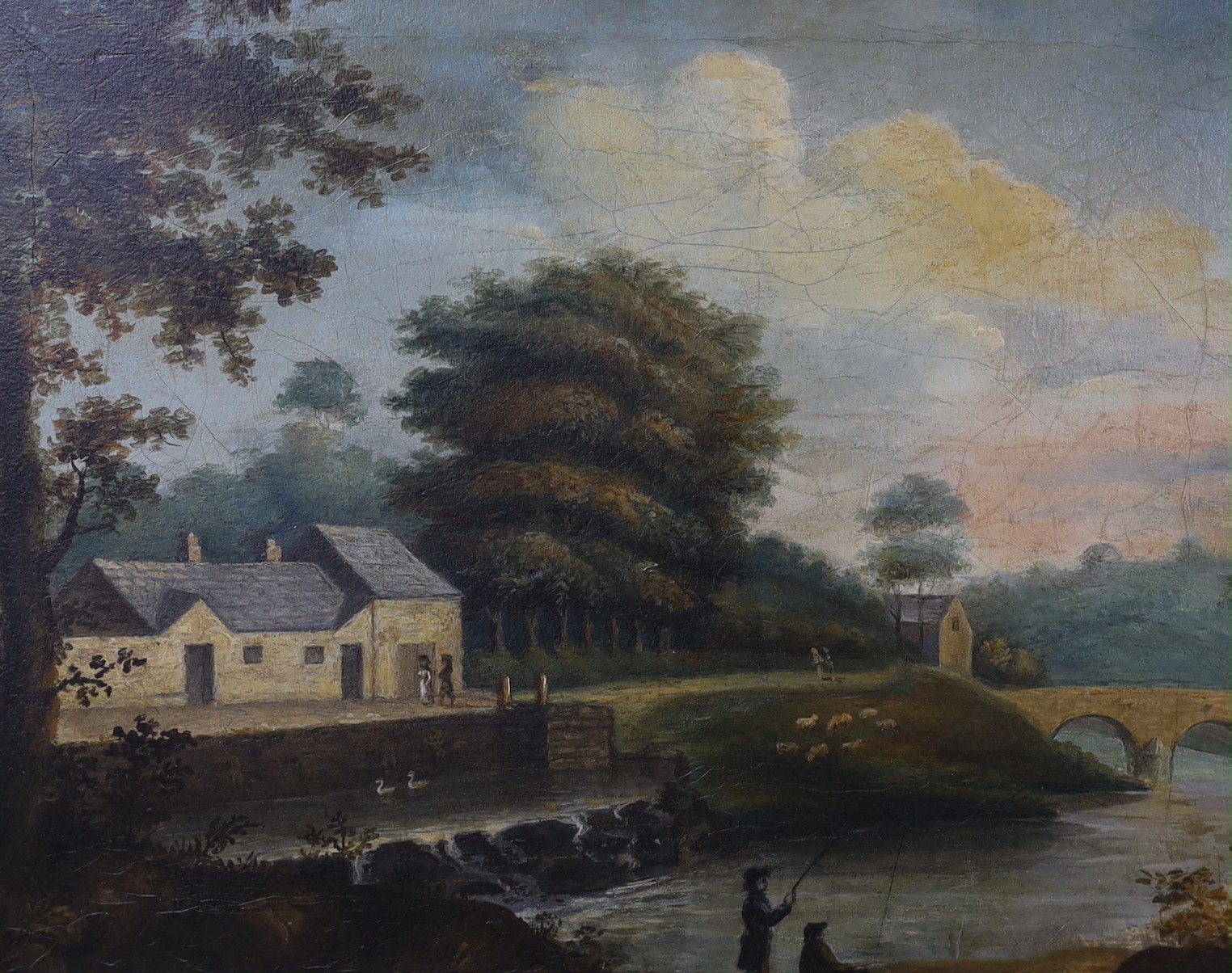 Irish School, 19th century, oil on canvas, Figures angling amongst a rural village, provenance verso, 30 x 37cm, together with three related silhouettes of the family who lived in the subject house